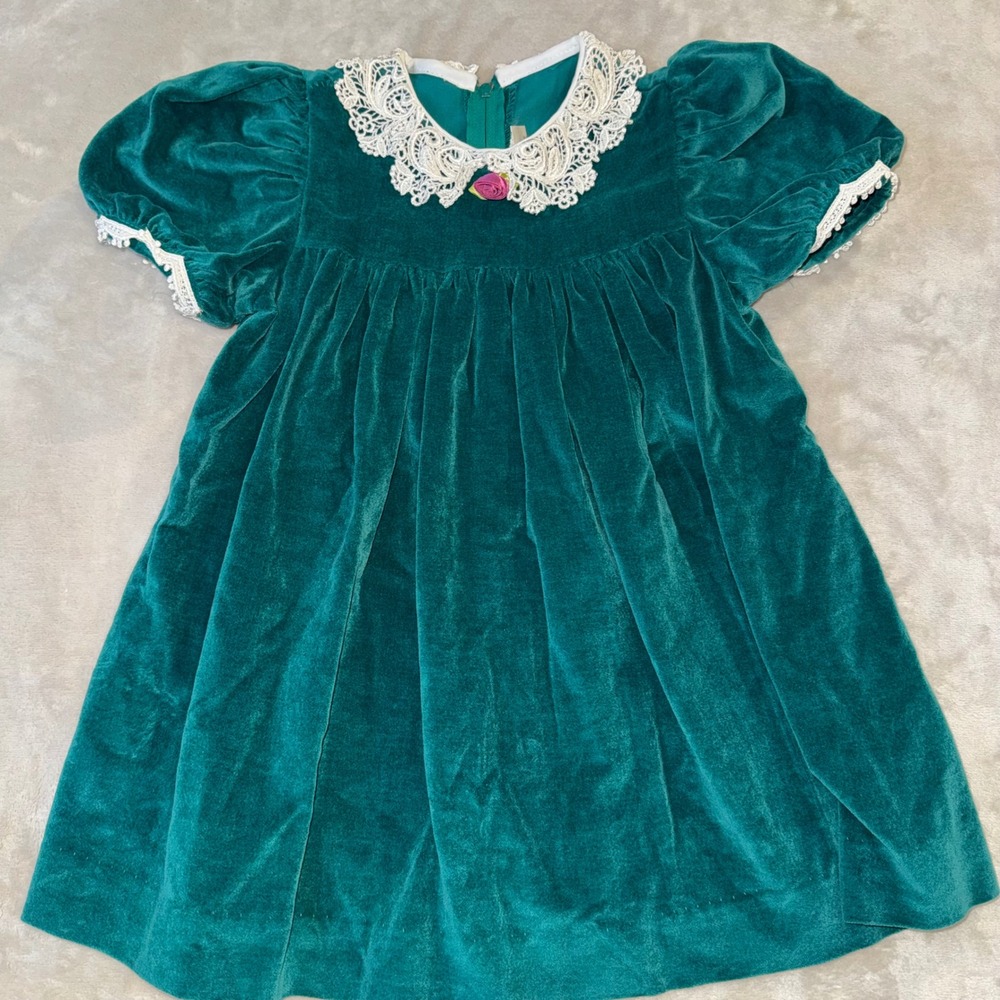 Vintage Good Lad Green Velvet Lace Collar Dress Toddler Girls 4T Holiday Wedding
